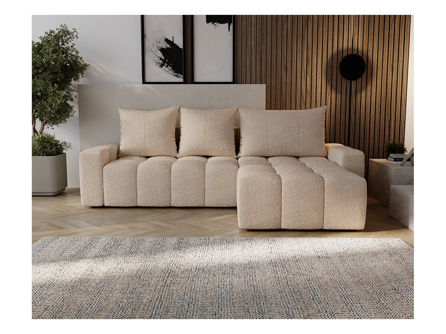 Emporius Wilson Canapé d'angle - Tissu Bouclé, Canapé 255 cm Convertible, Droite - Beige (Anthology 3)