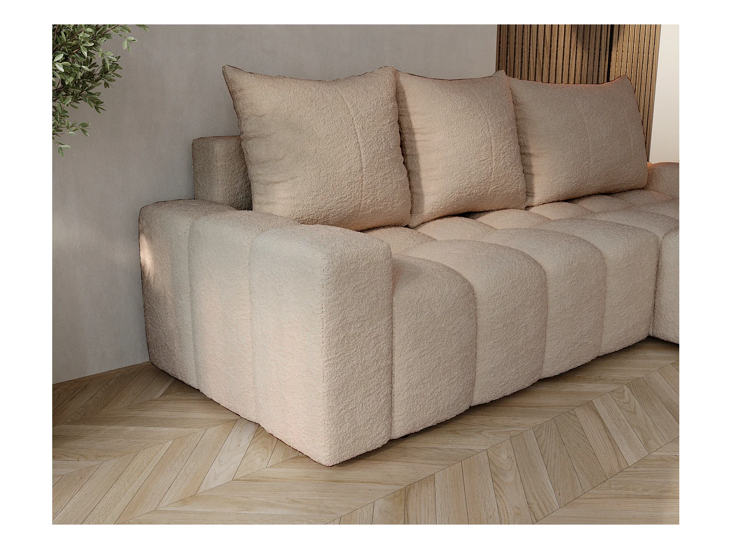 Emporius Wilson Canapé d'angle - Tissu Bouclé, Canapé 255 cm Convertible, Droite - Beige (Anthology 3)