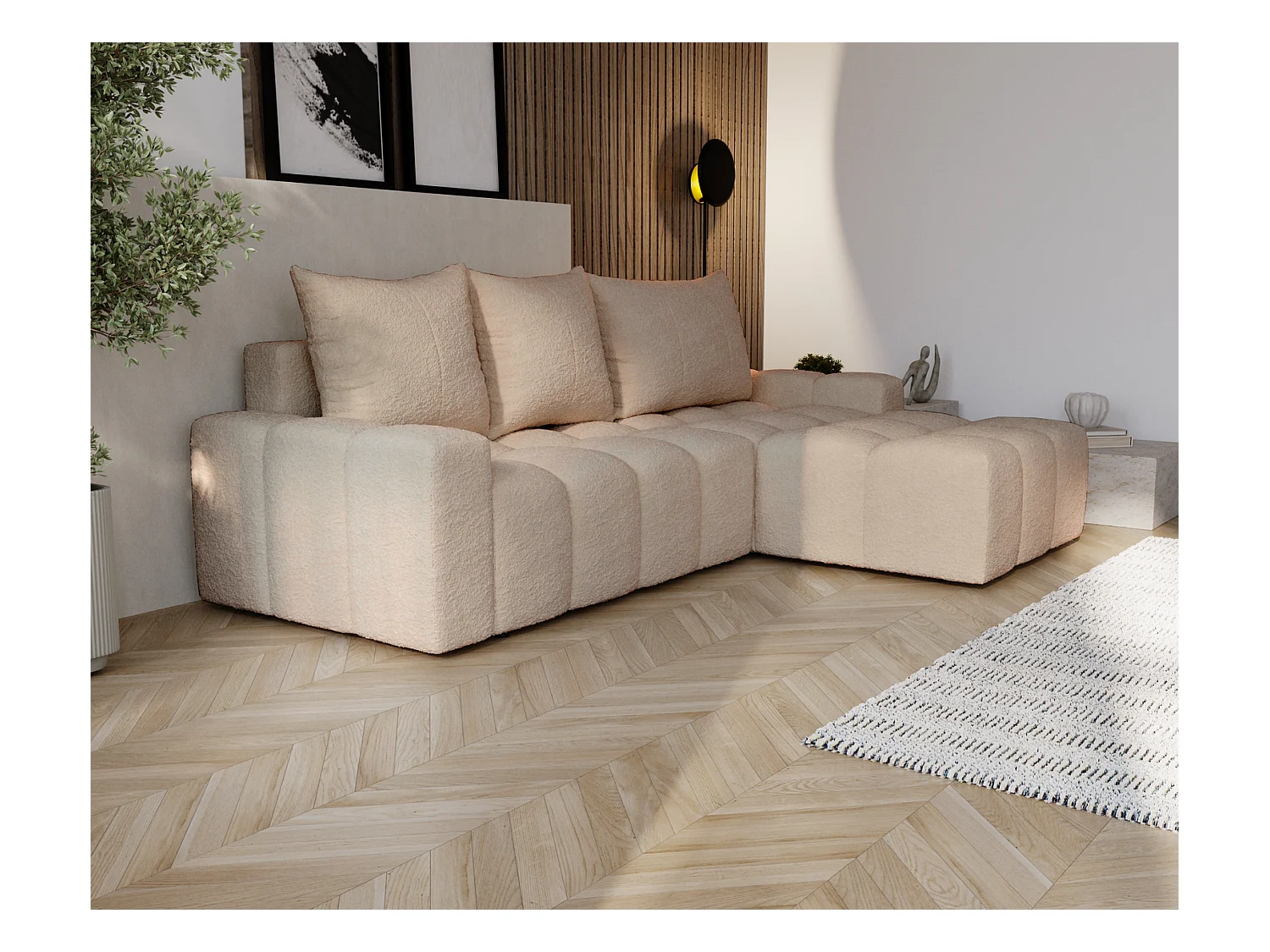 Emporius Wilson Canapé d'angle - Tissu Bouclé, Canapé 255 cm Convertible, Droite - Beige (Anthology 3)