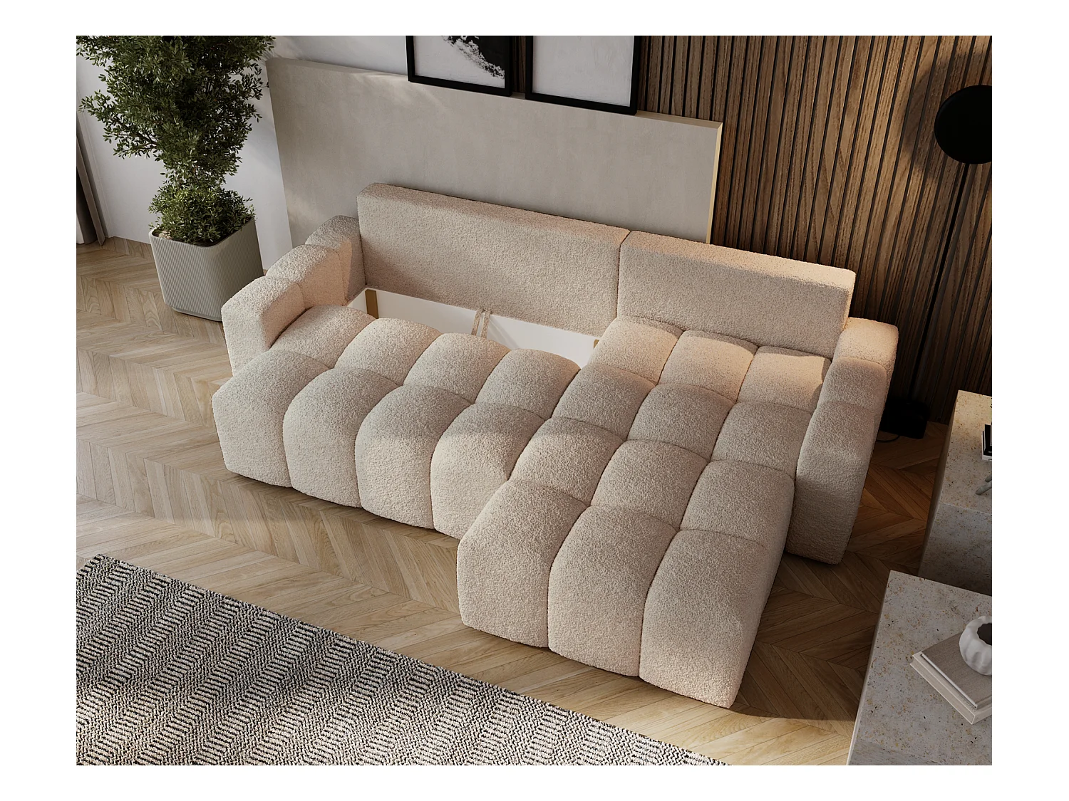 Emporius Wilson Canapé d'angle - Tissu Bouclé, Canapé 255 cm Convertible, Droite - Beige (Anthology 3)