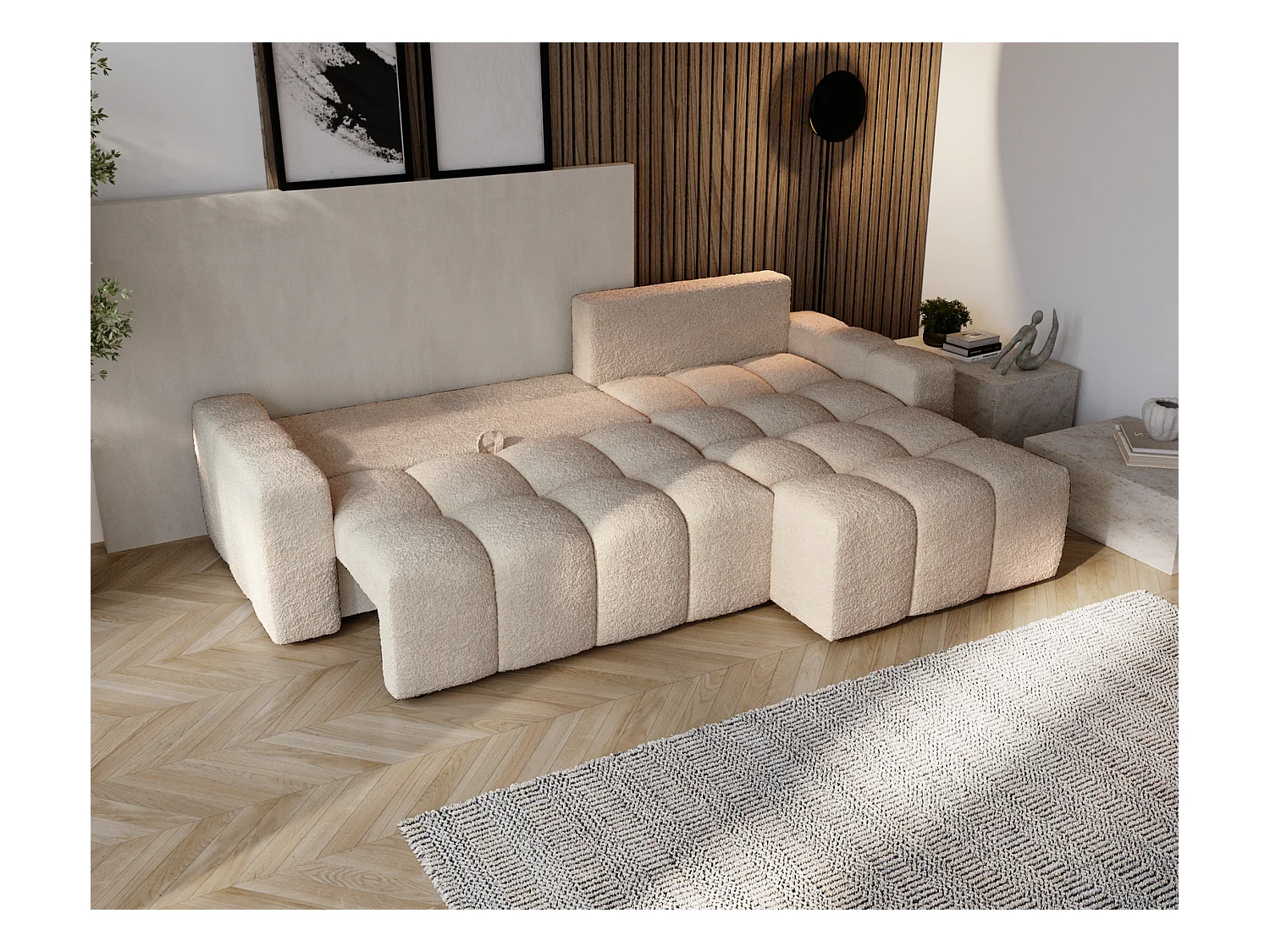 Emporius Wilson Canapé d'angle - Tissu Bouclé, Canapé 255 cm Convertible, Droite - Beige (Anthology 3)