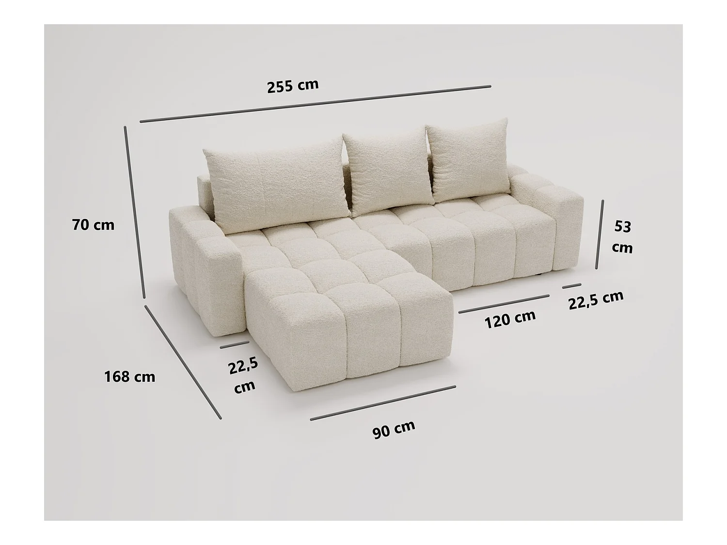 Emporius Wilson Canapé d'angle - Tissu Bouclé, Canapé 255 cm Convertible, Droite - Beige (Anthology 3)