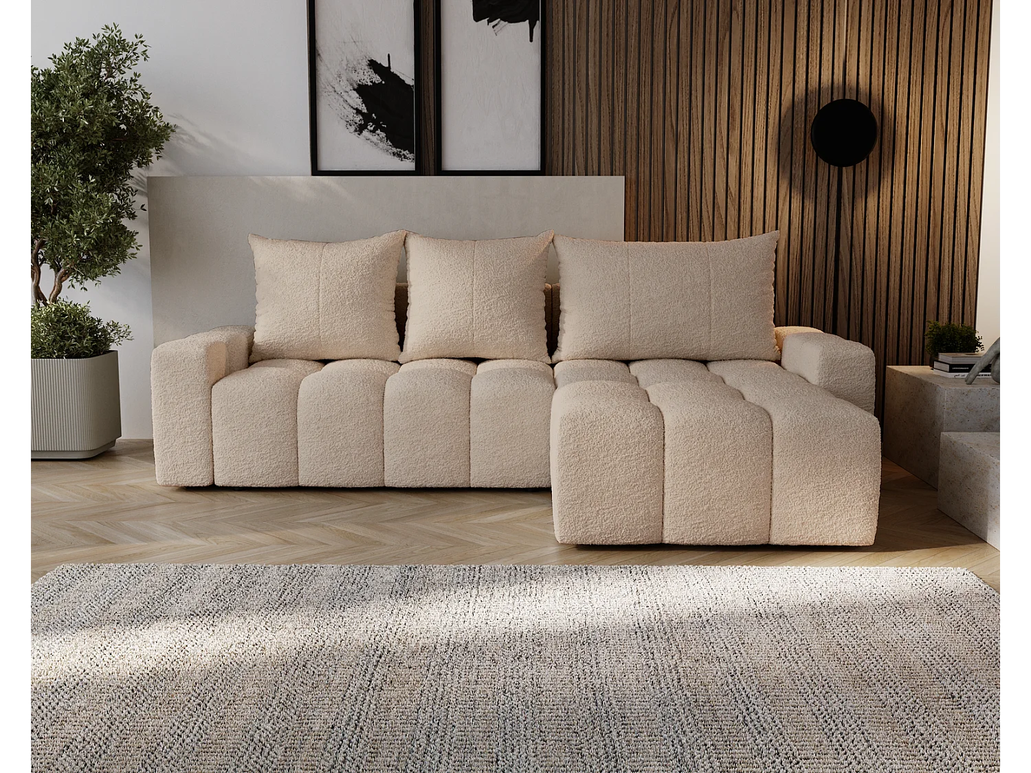 Emporius Wilson Hoekbank met slaapfunctie - slaapbank met bedlade, rechts, bouclé beige (Anthology 3)