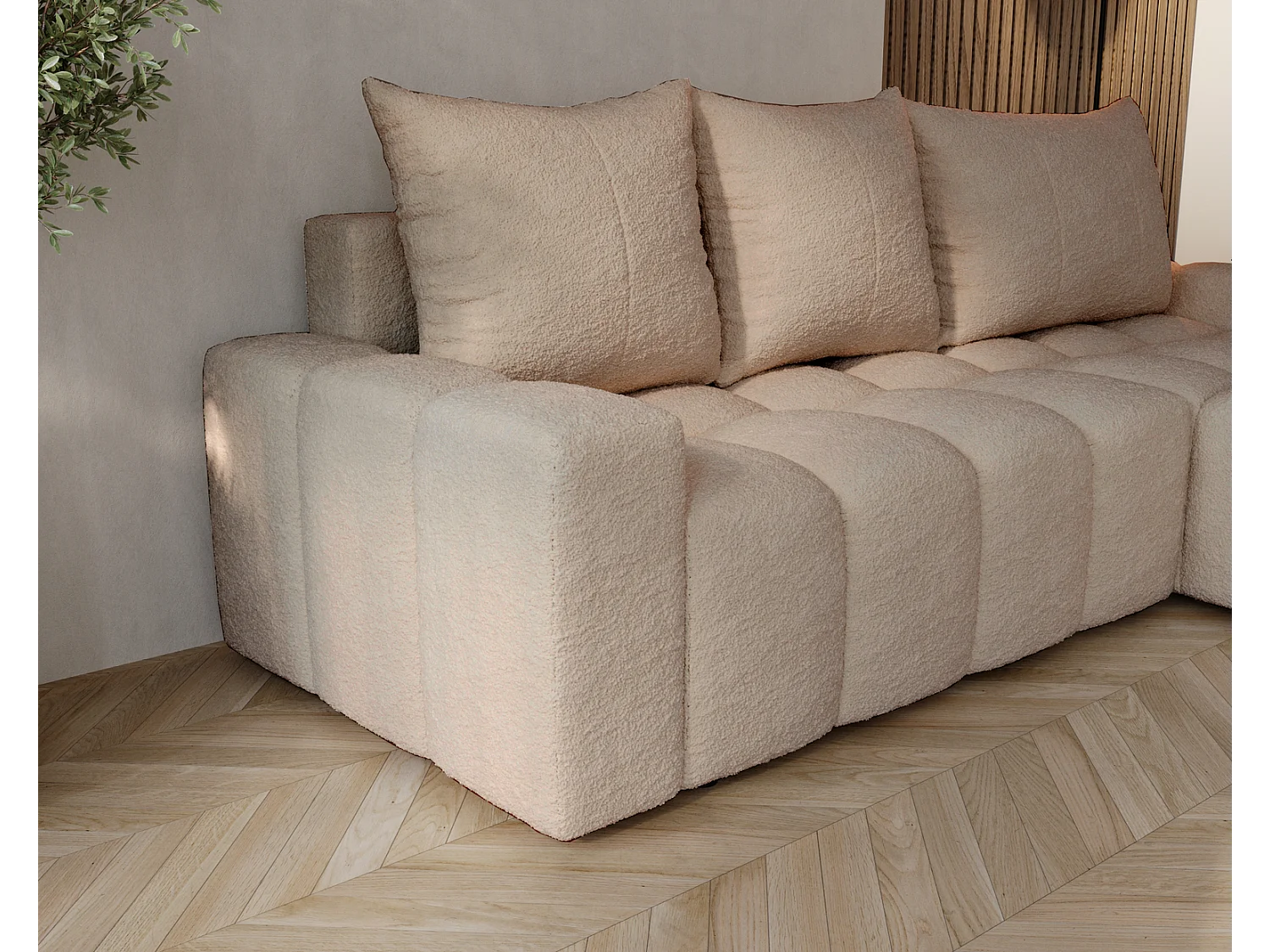 Emporius Wilson Hoekbank met slaapfunctie - slaapbank met bedlade, rechts, bouclé beige (Anthology 3)