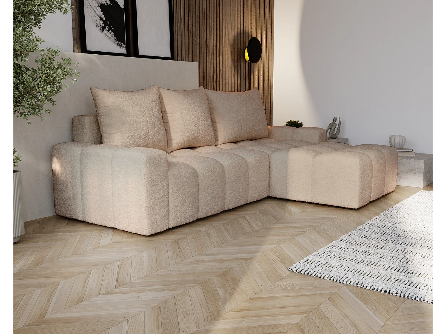 Emporius Wilson Hoekbank met slaapfunctie - slaapbank met bedlade, rechts, bouclé beige (Anthology 3)