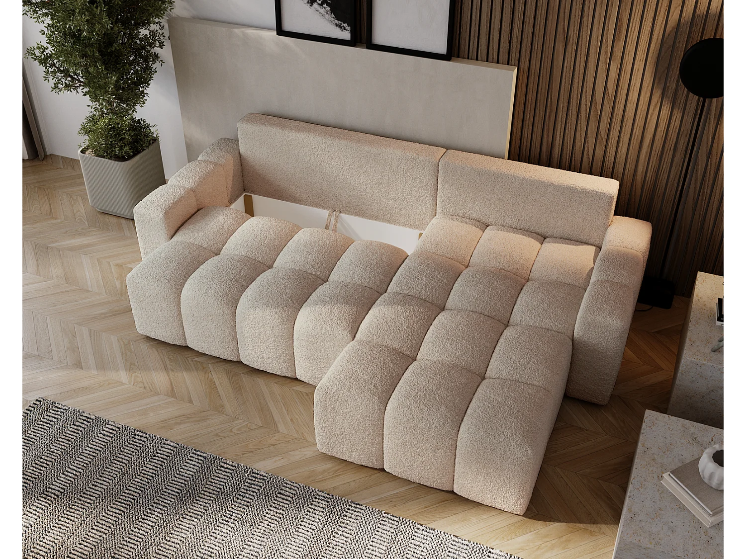Emporius Wilson Hoekbank met slaapfunctie - slaapbank met bedlade, rechts, bouclé beige (Anthology 3)