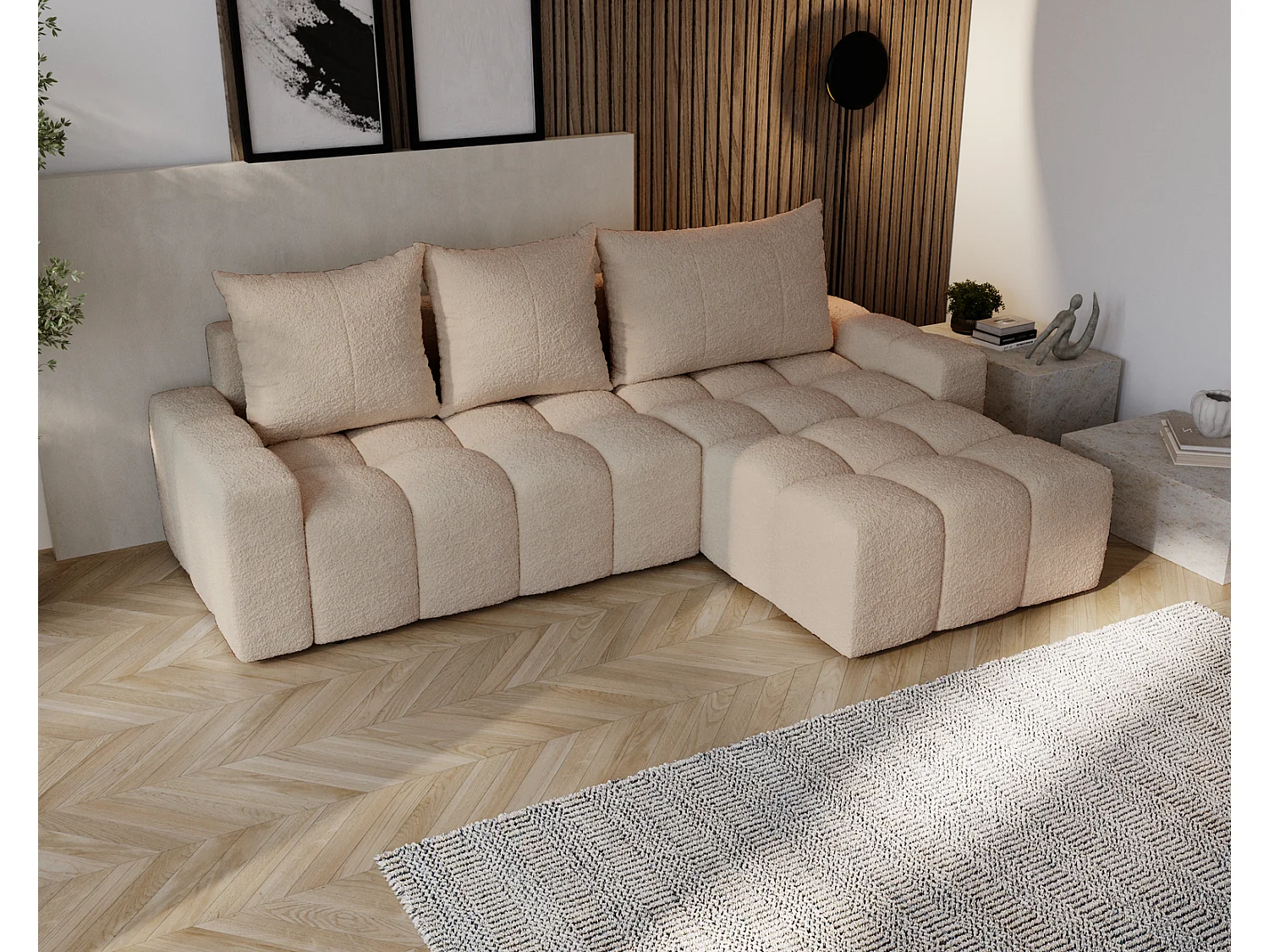 Canapé d'angle convertible Wilson, 255 cm, tissu bouclé, droit, beige