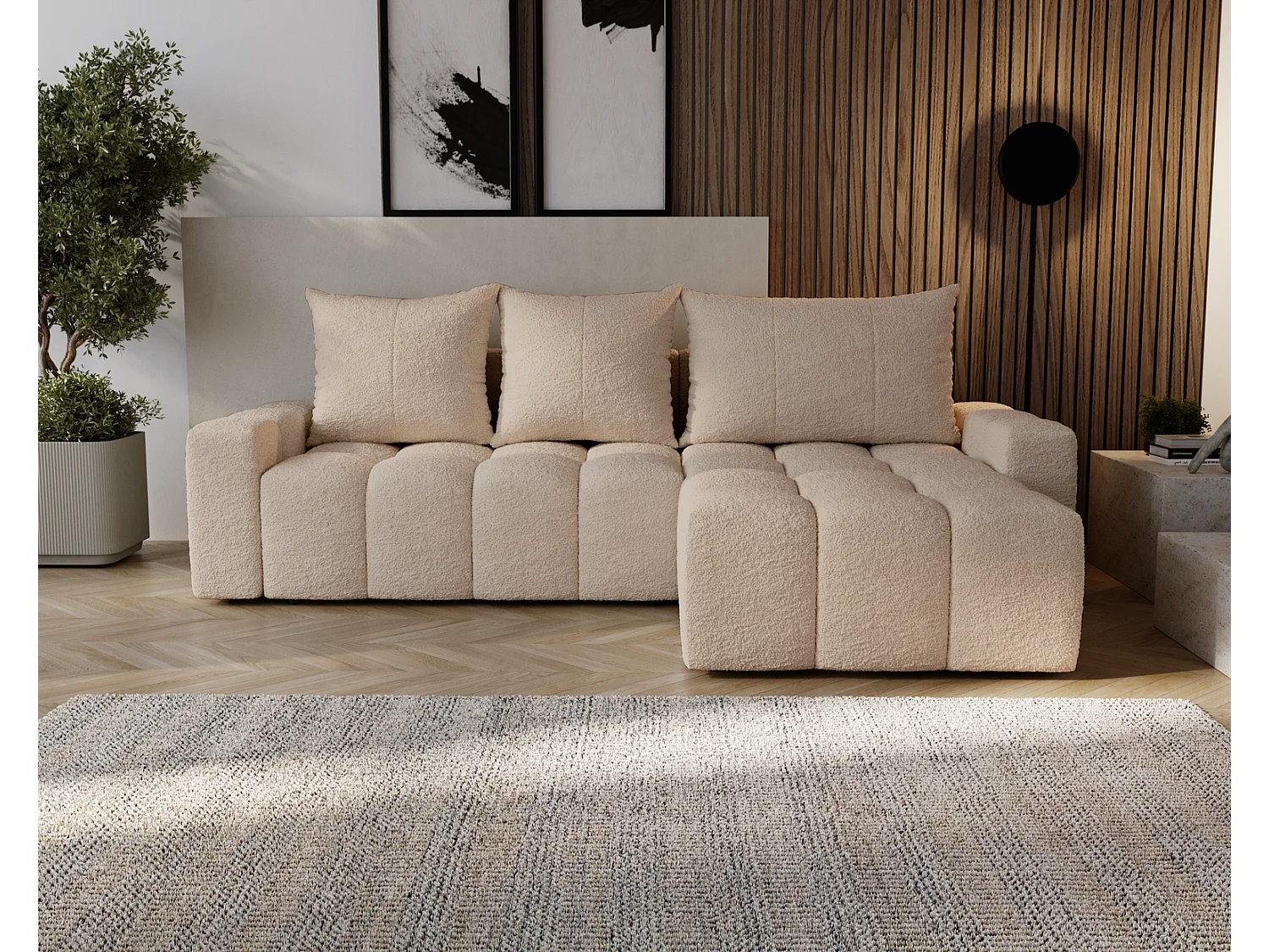 Canapé d'angle convertible Wilson, 255 cm, tissu bouclé, droit, beige