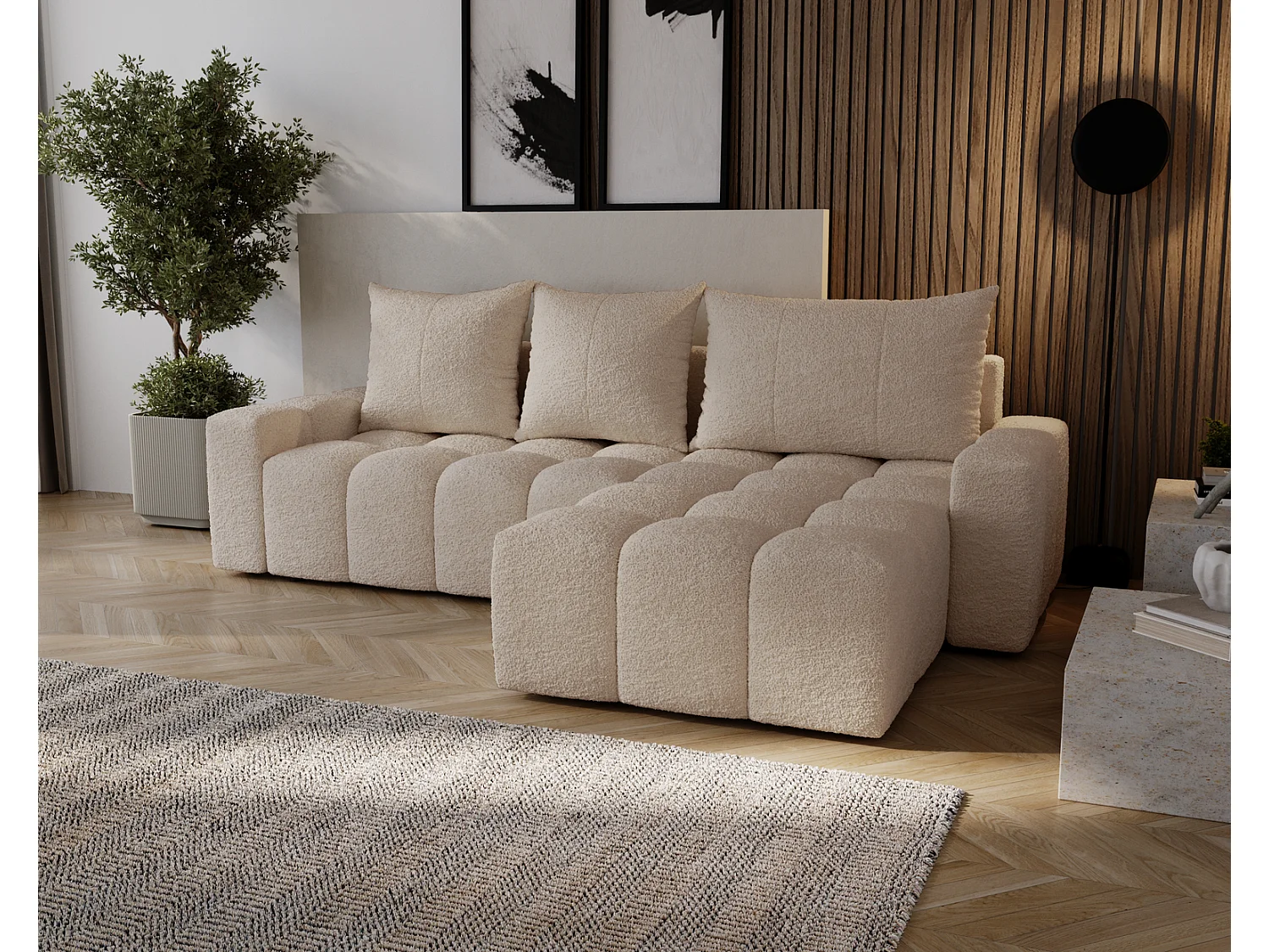 Canapé d'angle convertible Wilson, 255 cm, tissu bouclé, droit, beige