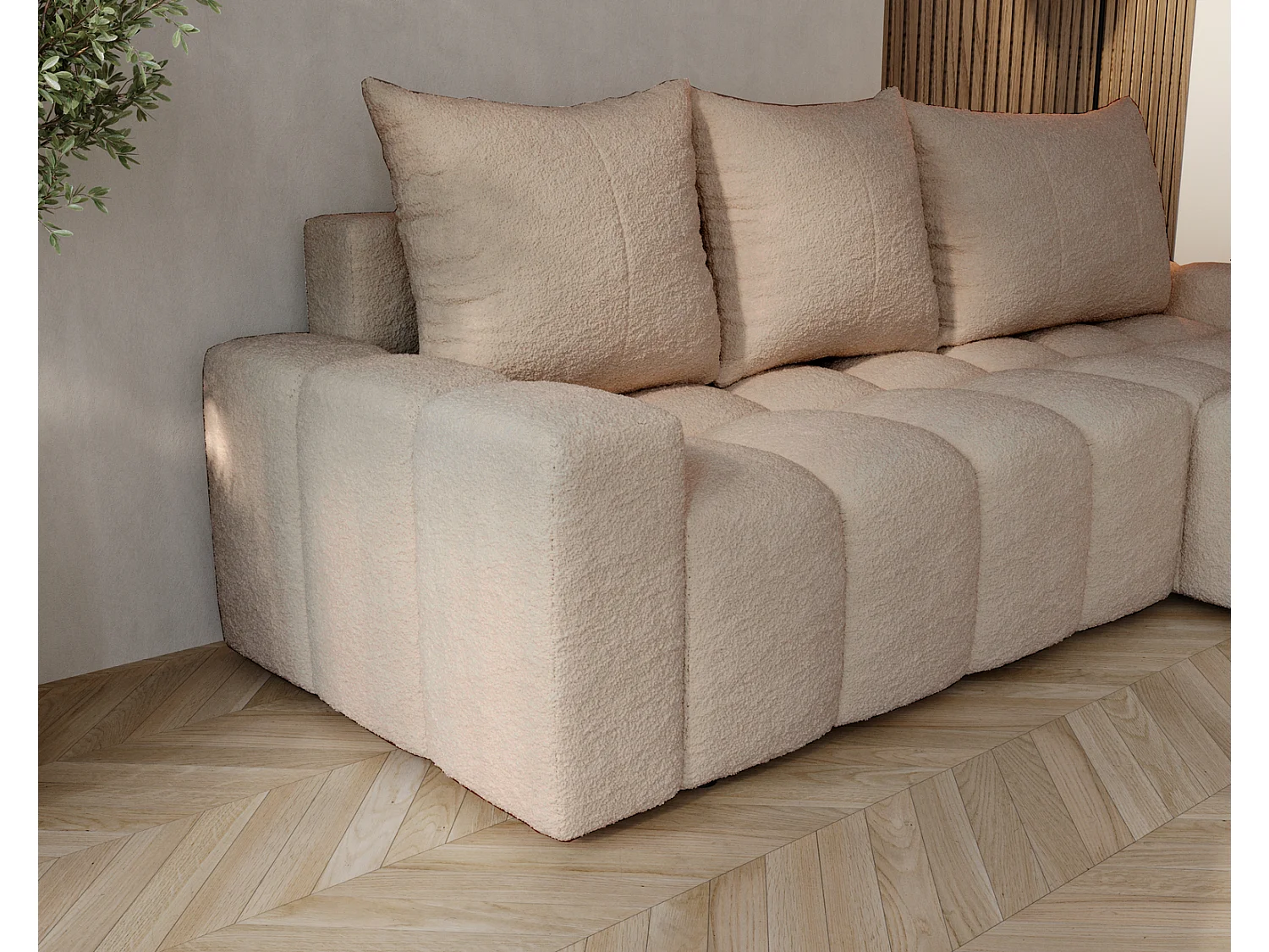Canapé d'angle convertible Wilson, 255 cm, tissu bouclé, droit, beige