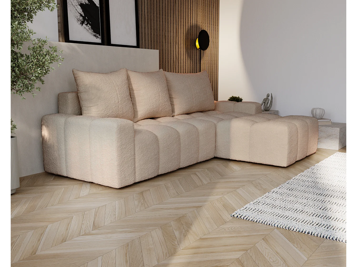 Canapé d'angle convertible Wilson, 255 cm, tissu bouclé, droit, beige