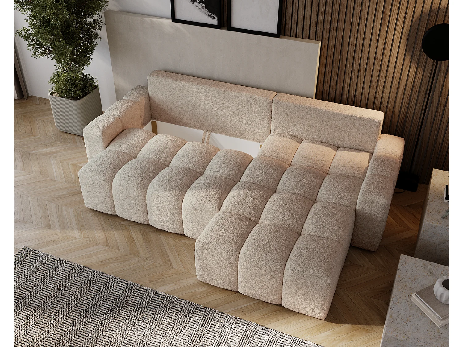 Canapé d'angle convertible Wilson, 255 cm, tissu bouclé, droit, beige