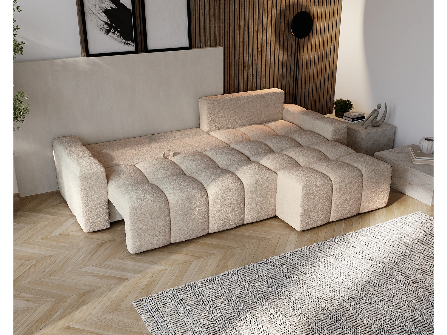Canapé d'angle convertible Wilson, 255 cm, tissu bouclé, droit, beige