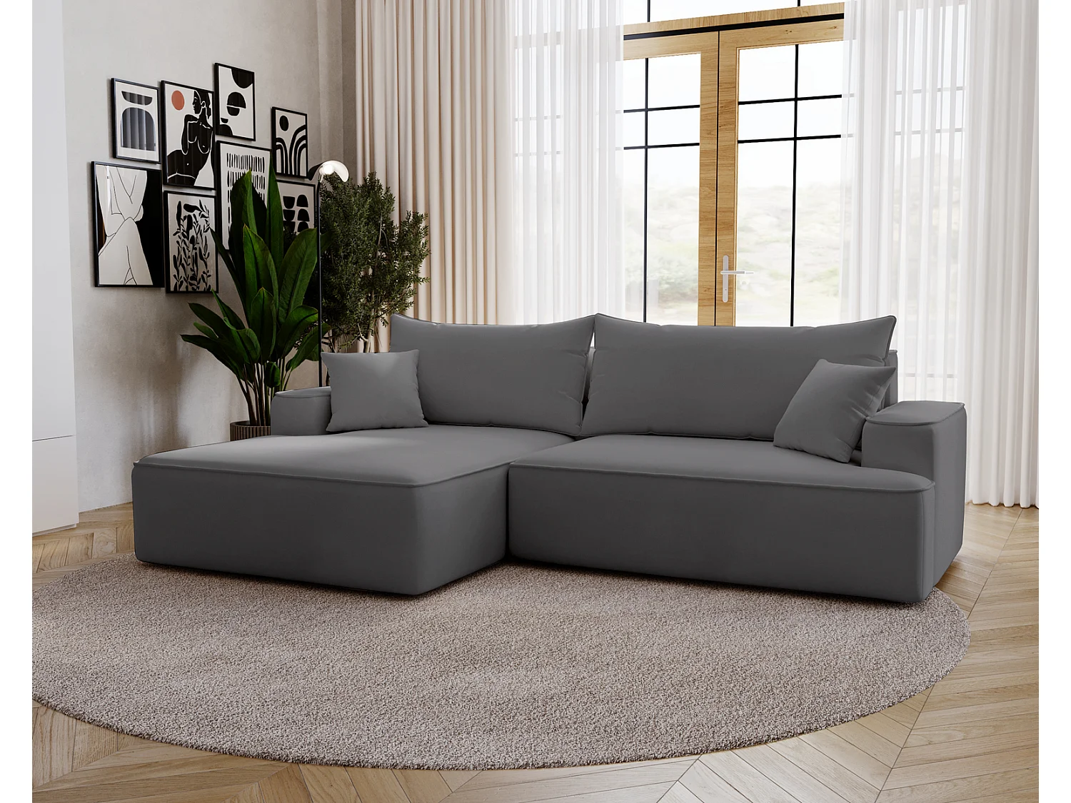 Emporius Dallas Canapé d'angle 270 cm, Convertible, Tissu Velours - Gauche, Gris (Komodo 21)