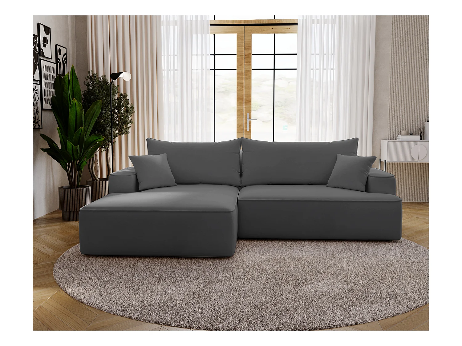 Emporius Dallas Canapé d'angle 270 cm, Convertible, Tissu Velours - Gauche, Gris (Komodo 21)