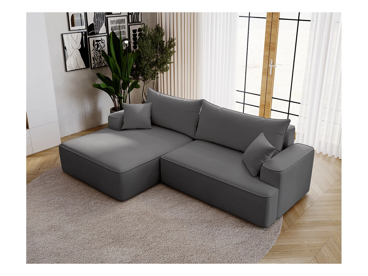 Emporius Dallas Canapé d'angle 270 cm, Convertible, Tissu Velours - Gauche, Gris (Komodo 21)