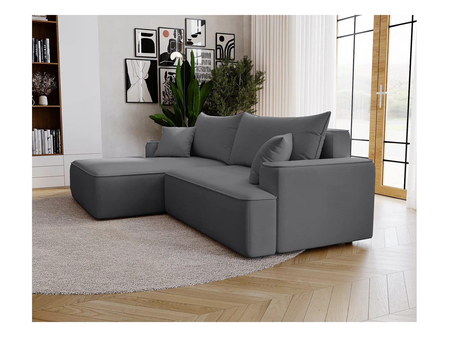 Emporius Dallas Canapé d'angle 270 cm, Convertible, Tissu Velours - Gauche, Gris (Komodo 21)