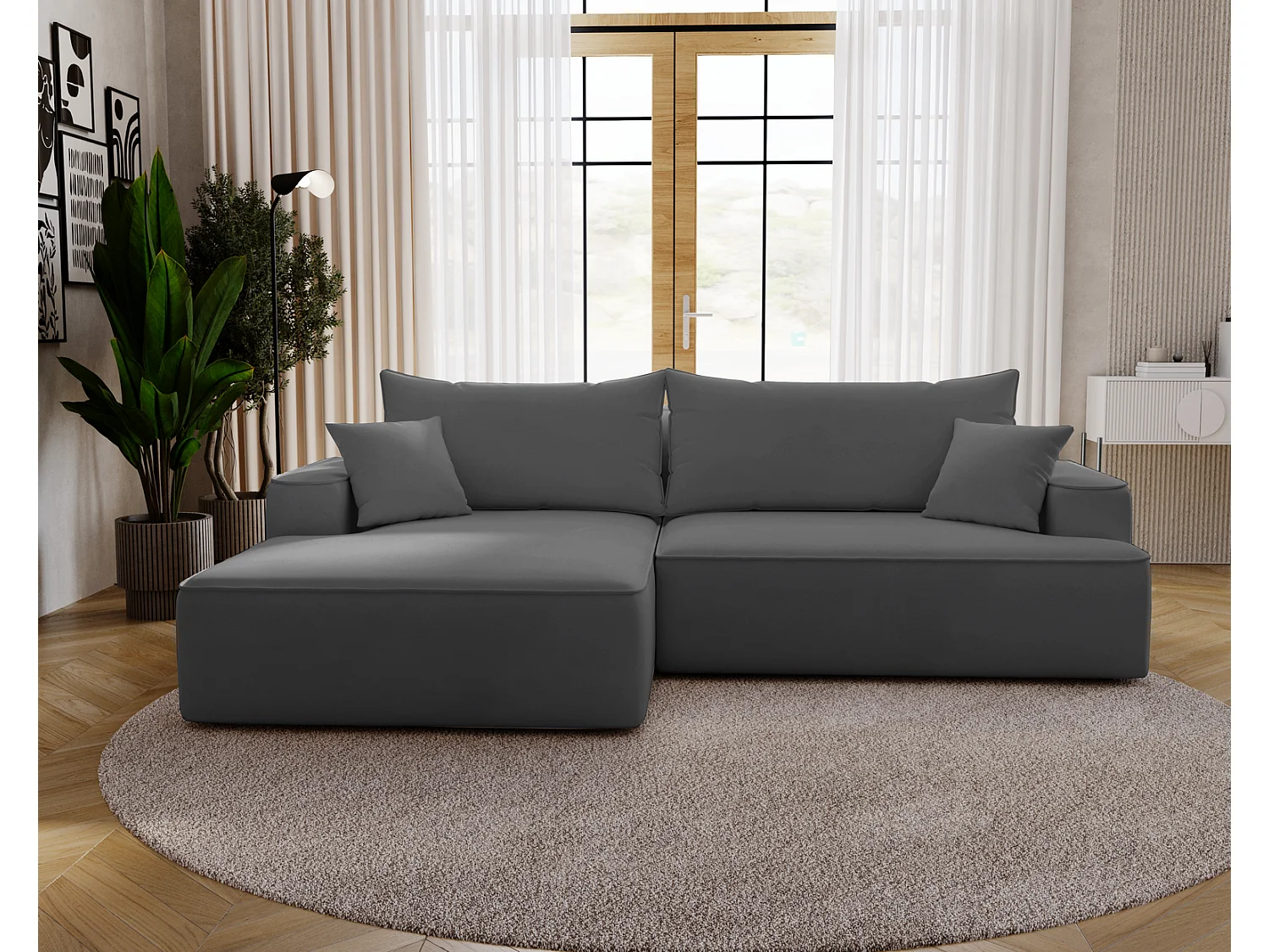 Emporius Dallas Canapé d'angle 270 cm, Convertible, Tissu Velours - Gauche, Gris (Komodo 21)