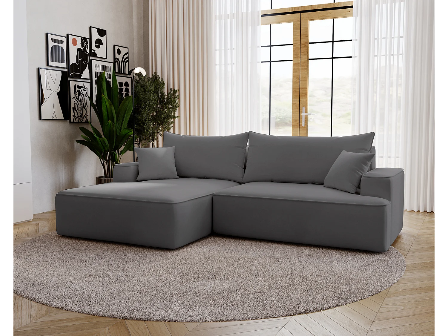 Emporius Dallas Hoekbank L-Vorm - slaapfunctie en bedlade, links - Sofa 250 cm, fluweel grijs (Komodo 21)