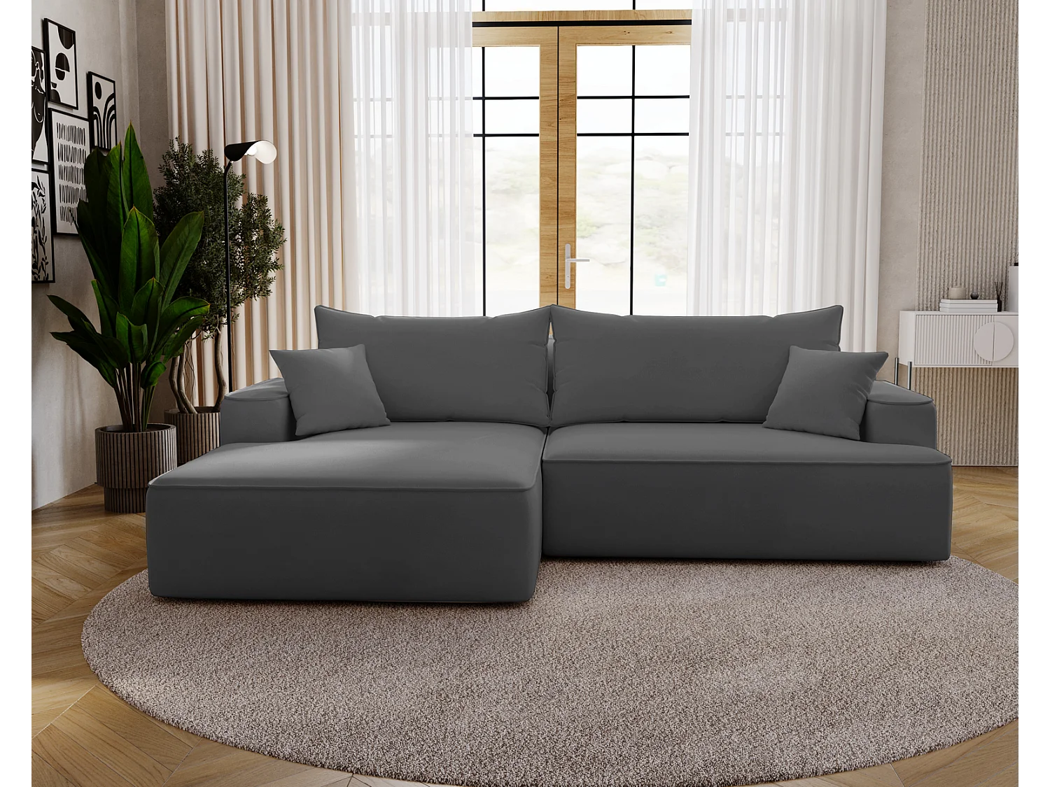 Emporius Dallas Hoekbank L-Vorm - slaapfunctie en bedlade, links - Sofa 250 cm, fluweel grijs (Komodo 21)