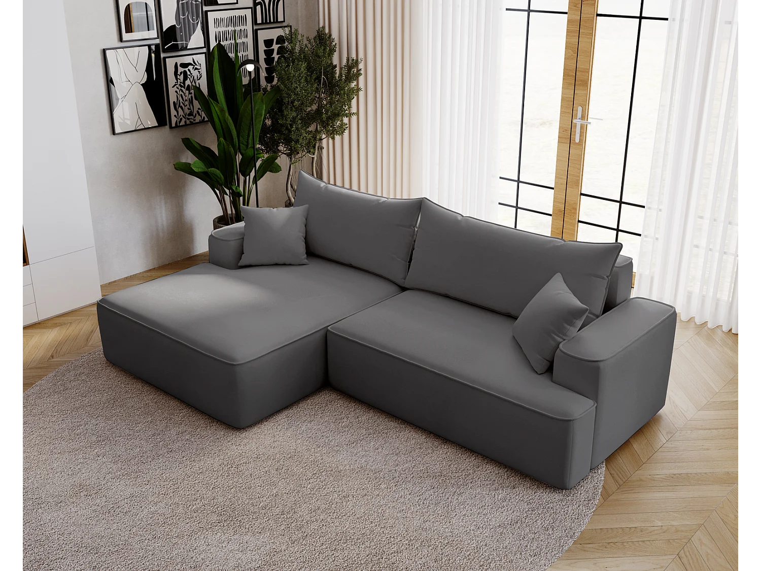Emporius Dallas Hoekbank L-Vorm - slaapfunctie en bedlade, links - Sofa 250 cm, fluweel grijs (Komodo 21)