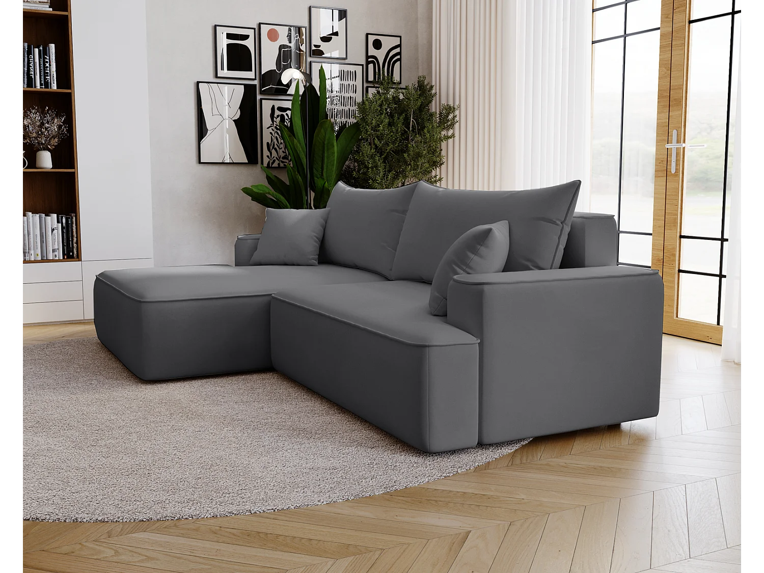 Emporius Dallas Hoekbank L-Vorm - slaapfunctie en bedlade, links - Sofa 250 cm, fluweel grijs (Komodo 21)