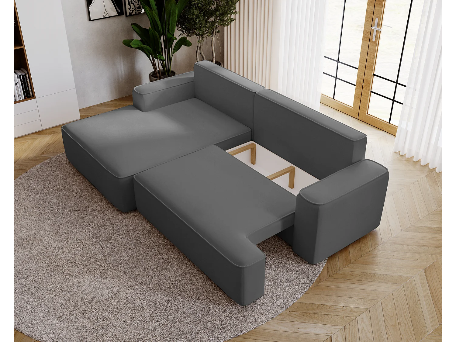 Emporius Dallas Hoekbank L-Vorm - slaapfunctie en bedlade, links - Sofa 250 cm, fluweel grijs (Komodo 21)