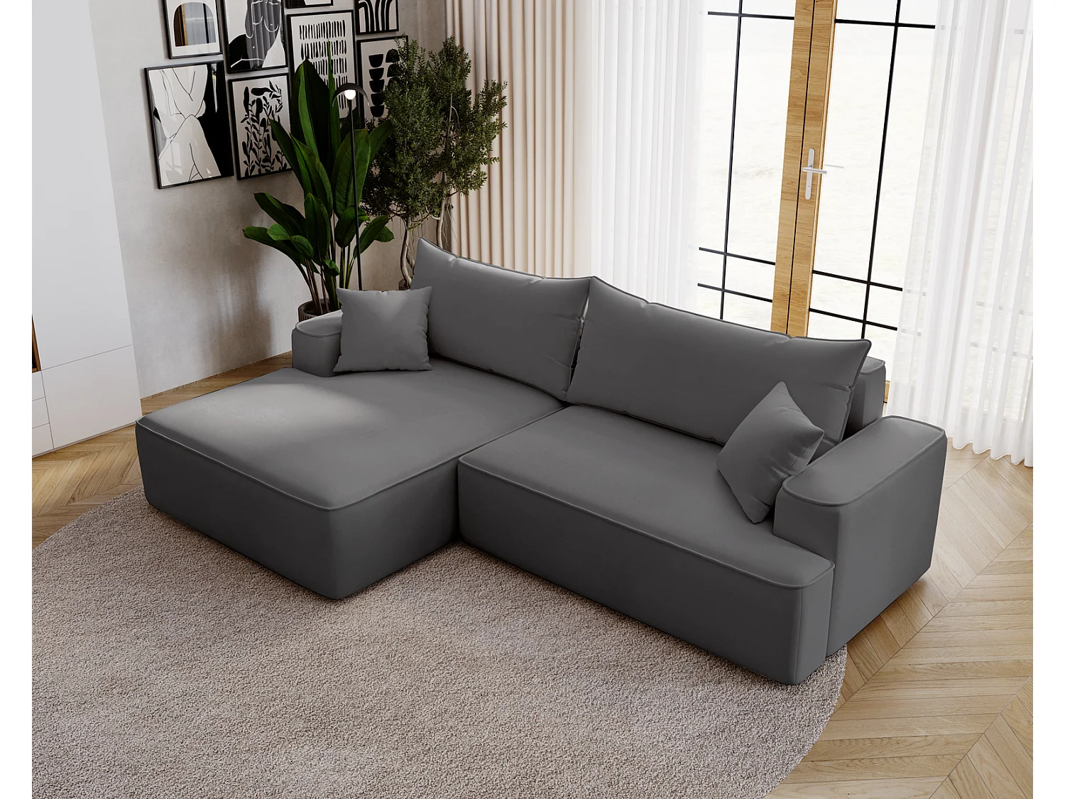 Canapé d'angle convertible Dallas, 270 cm, velours, gauche, gris