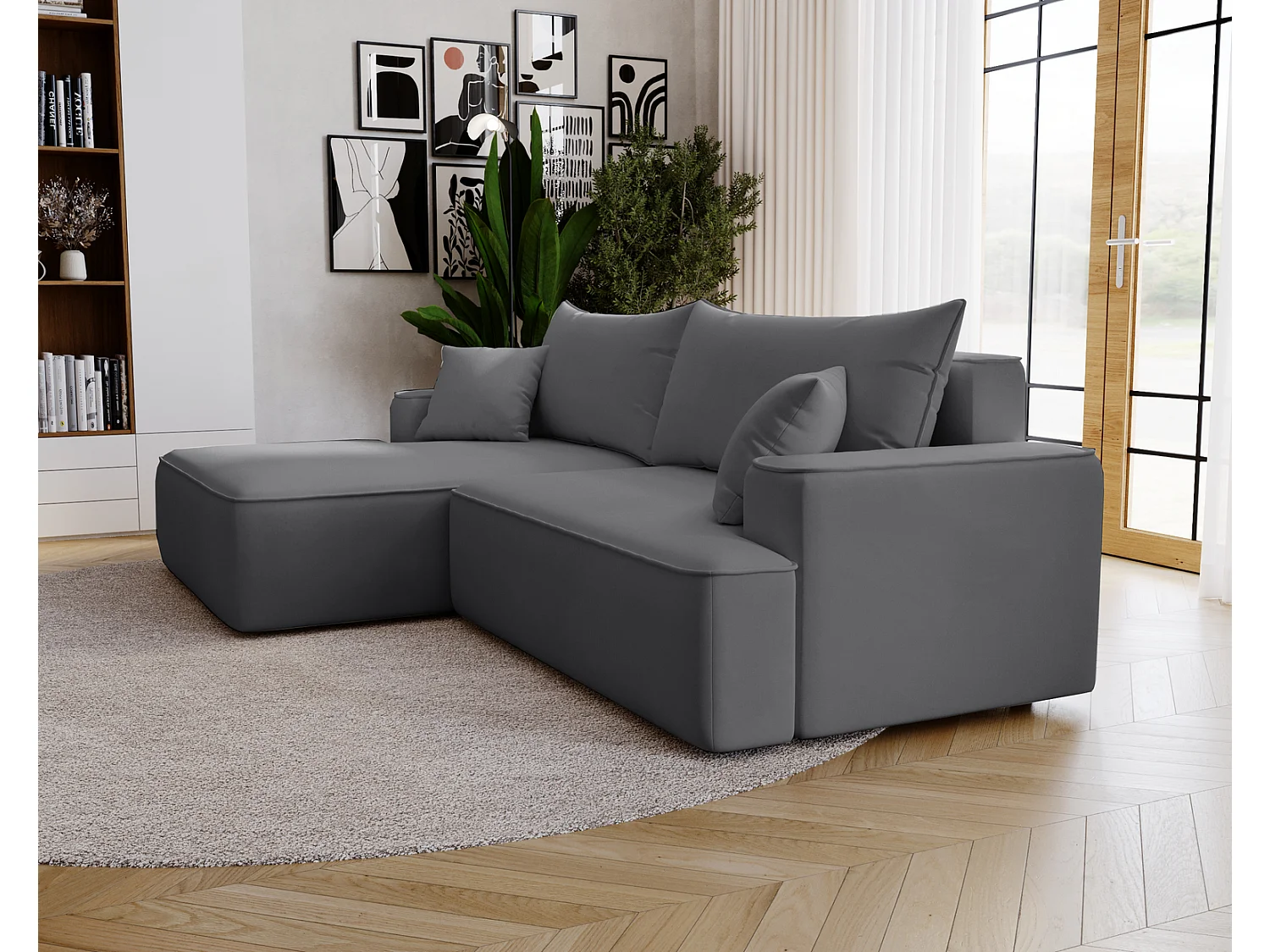 Canapé d'angle convertible Dallas, 270 cm, velours, gauche, gris
