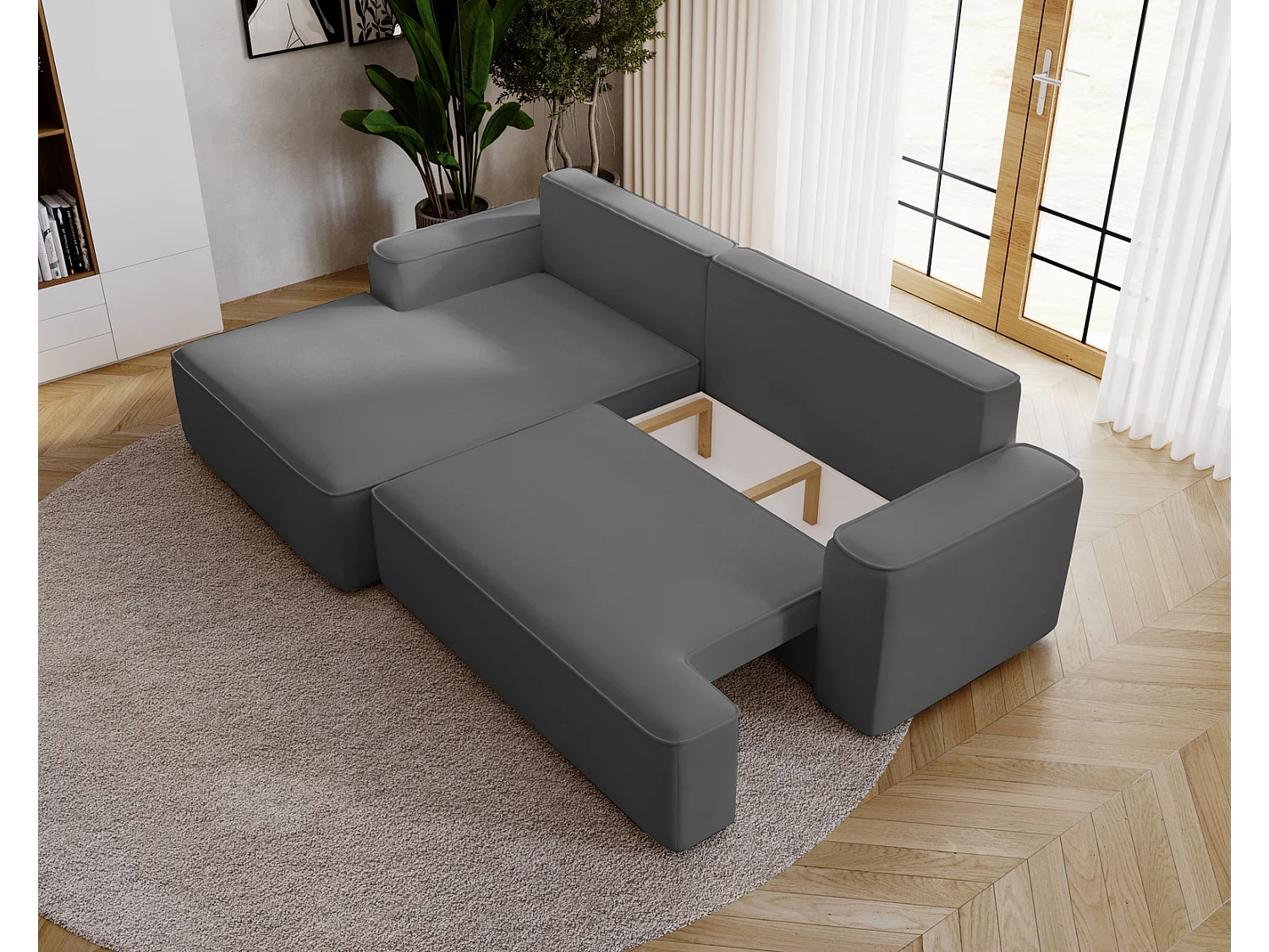 Canapé d'angle convertible Dallas, 270 cm, velours, gauche, gris