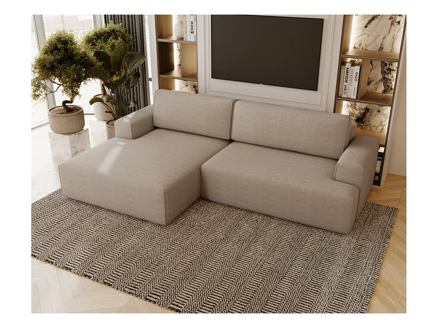 Emporius Boston narożnik rozkładany do salonu - sofa z funkcją spania, mały narożnik, pojemnik na pościel, lewostronny - narożnik beżowy (Memphis 3)