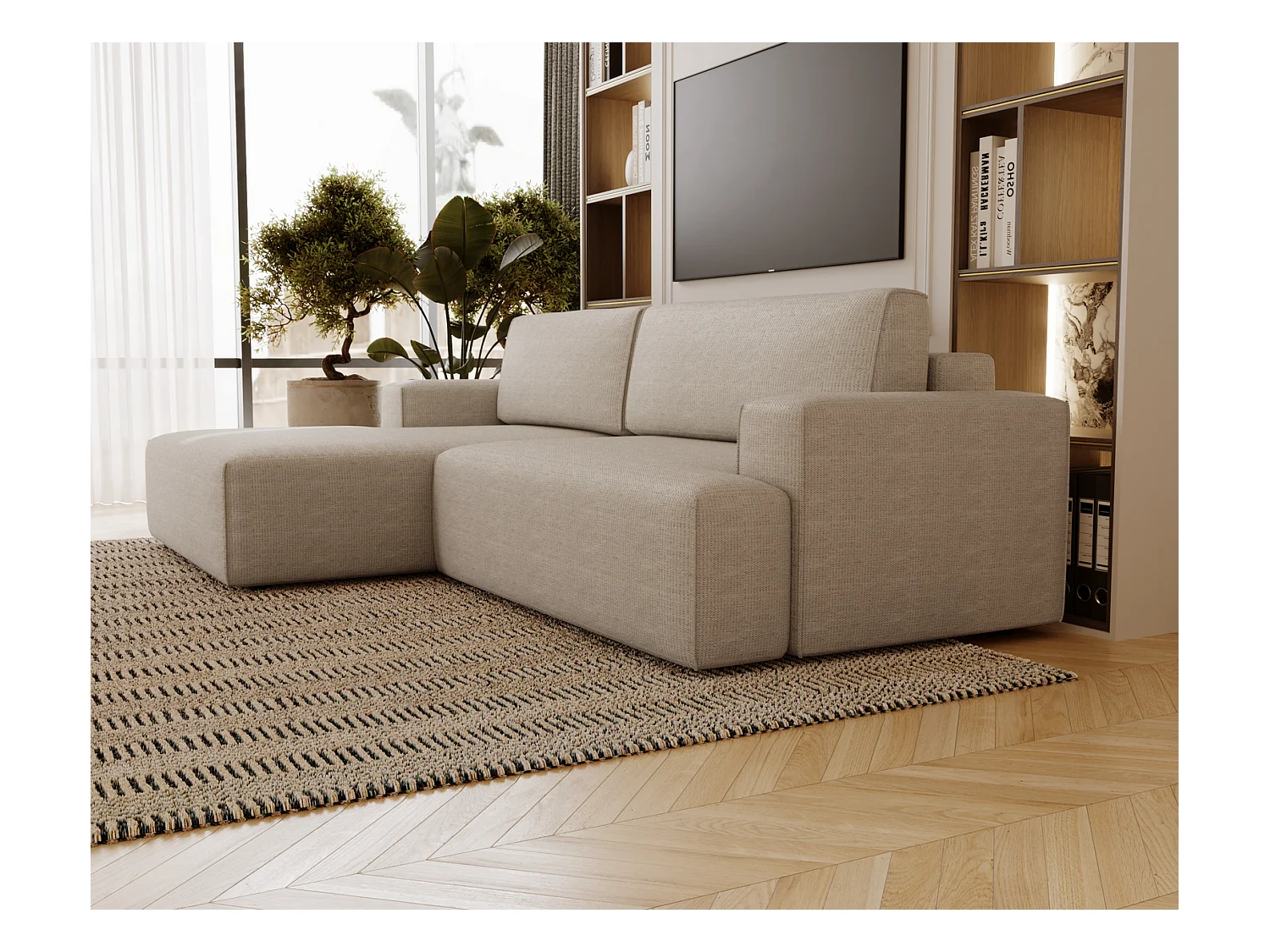 Emporius Boston narożnik rozkładany do salonu - sofa z funkcją spania, mały narożnik, pojemnik na pościel, lewostronny - narożnik beżowy (Memphis 3)