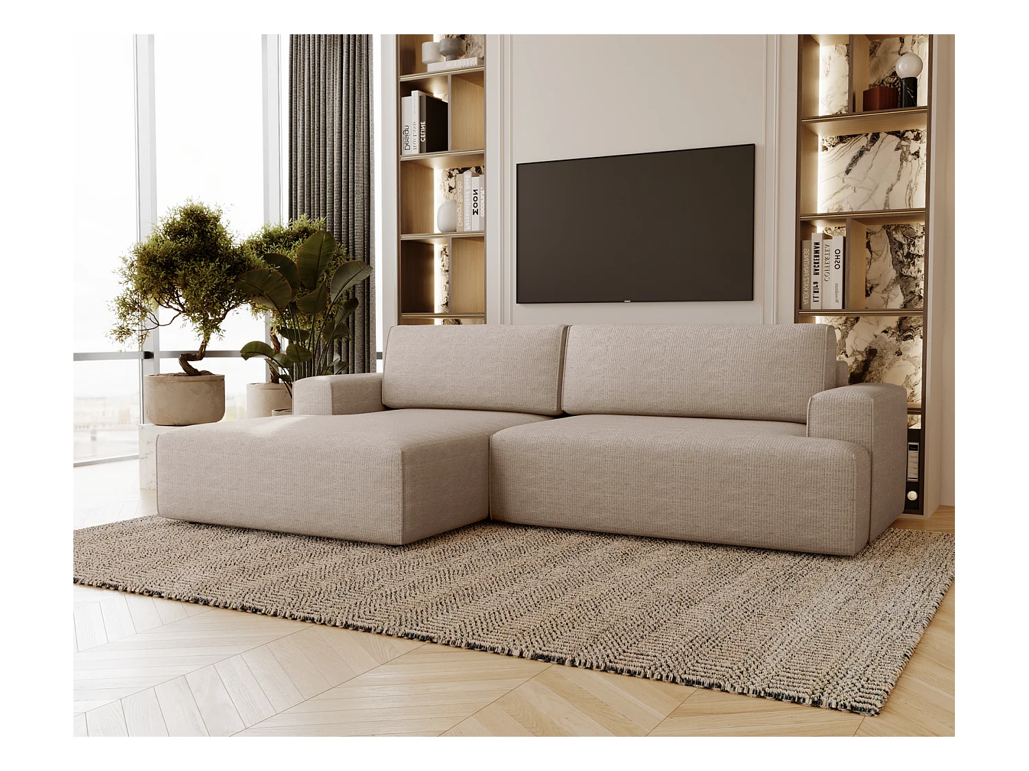 Emporius Boston Canapé d'Angle Convertible 270 cm - Canapé-lit, Sofa avec Rangement, 4 Places - Canapé d'Angle Forme L, Gauche, Beige (Memphis 3)
