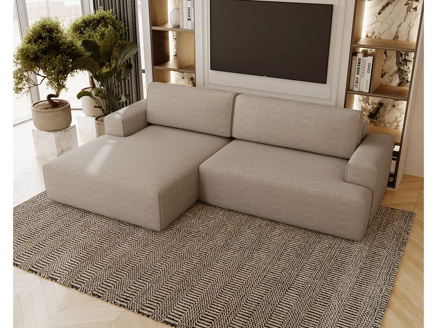 Emporius Boston Hoekbank L-Vorm - bank met slaapfunctie et bedlade - slaapbank 270 cm, links, beige (Memphis 3)