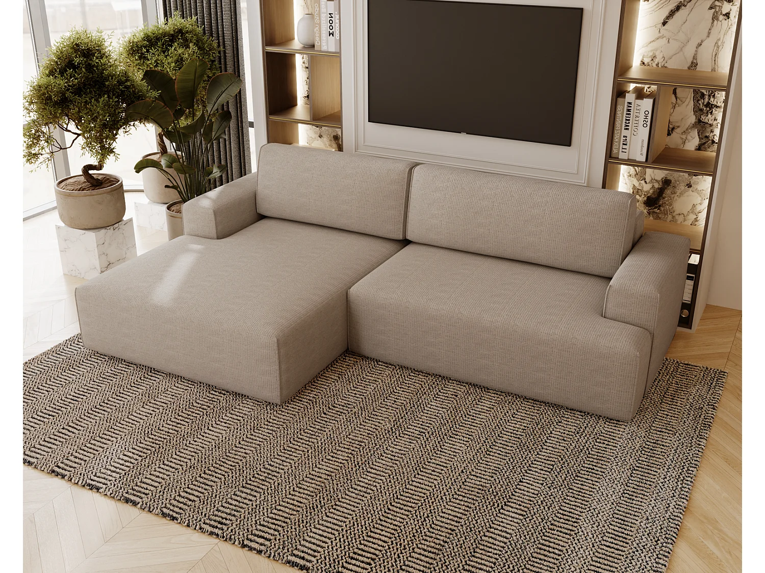 Canapé d'angle convertible Boston, canapé-lit 270 cm avec coffre de rangement, 4 places, gauche, beige