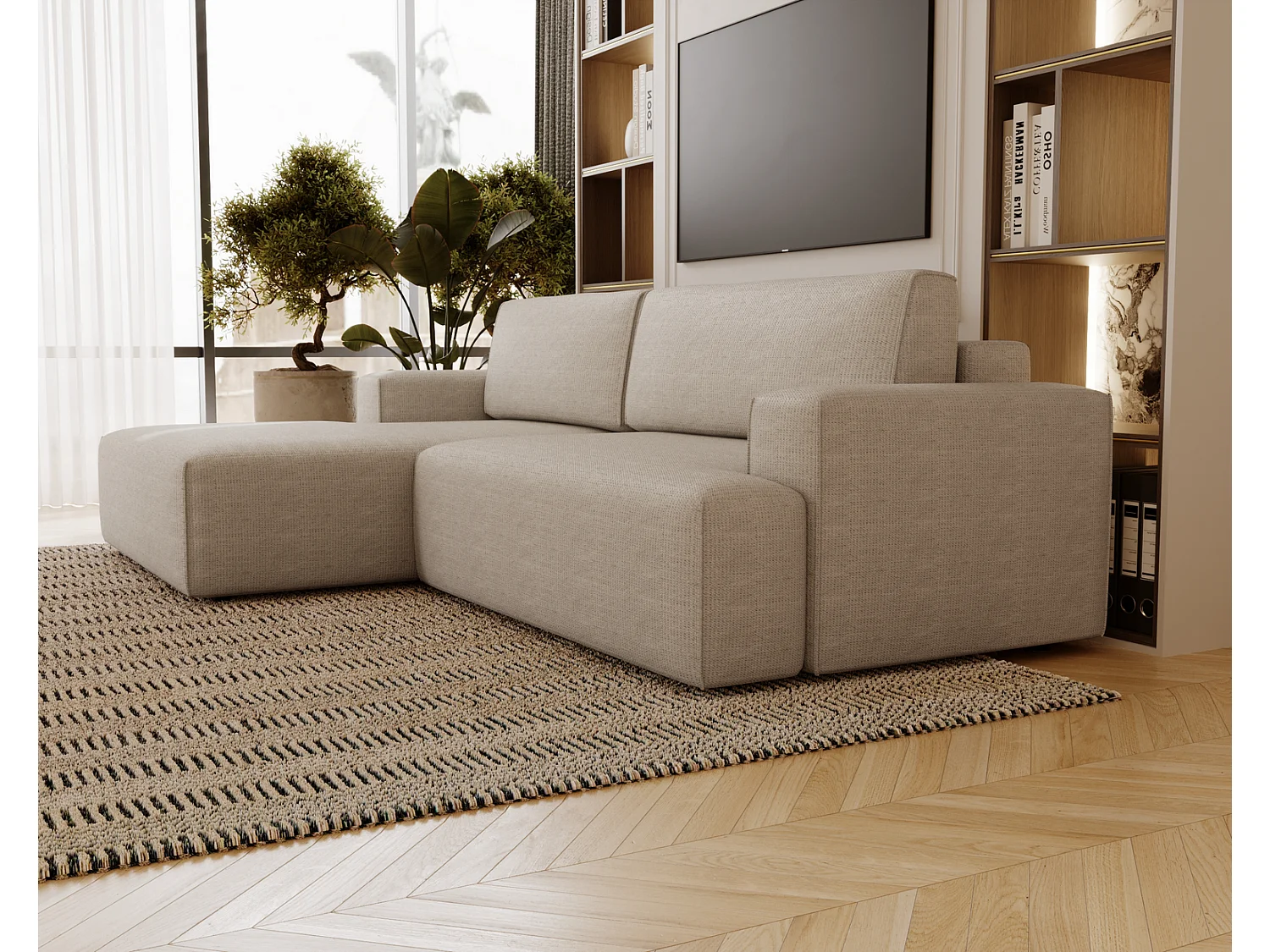 Canapé d'angle convertible Boston, canapé-lit 270 cm avec coffre de rangement, 4 places, gauche, beige