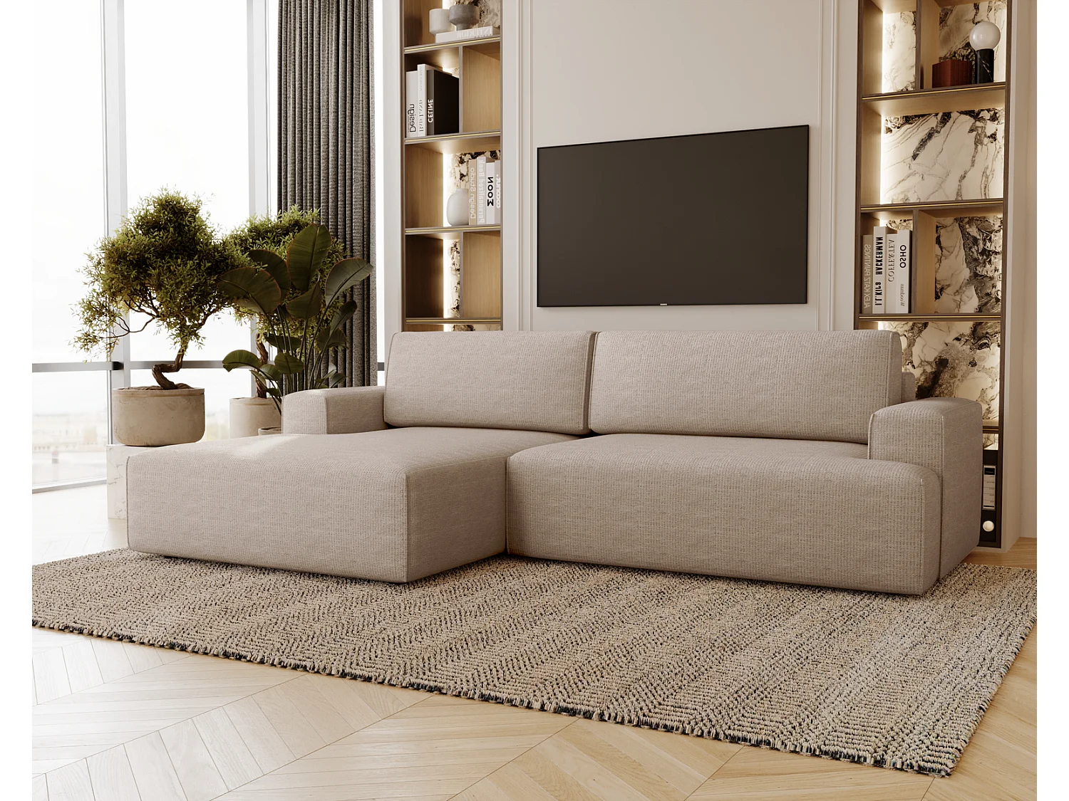 Canapé d'angle convertible Boston, canapé-lit 270 cm avec coffre de rangement, 4 places, gauche, beige