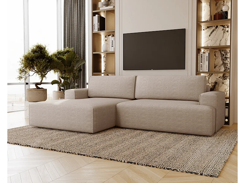 Emporius Boston narożnik rozkładany do salonu - sofa z funkcją spania, mały narożnik, pojemnik na pościel, lewostronny - narożnik beżowy (Memphis 3)