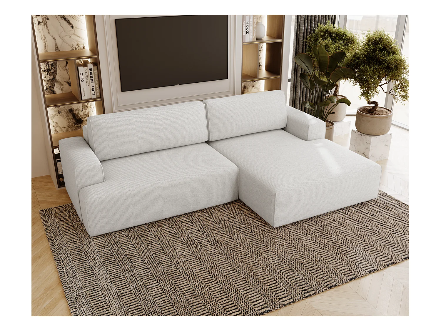 Emporius Boston narożnik rozkładany do salonu - sofa z funkcją spania, mały narożnik, pojemnik na pościel, prawostronny - narożnik kremowy (Memphis 1)