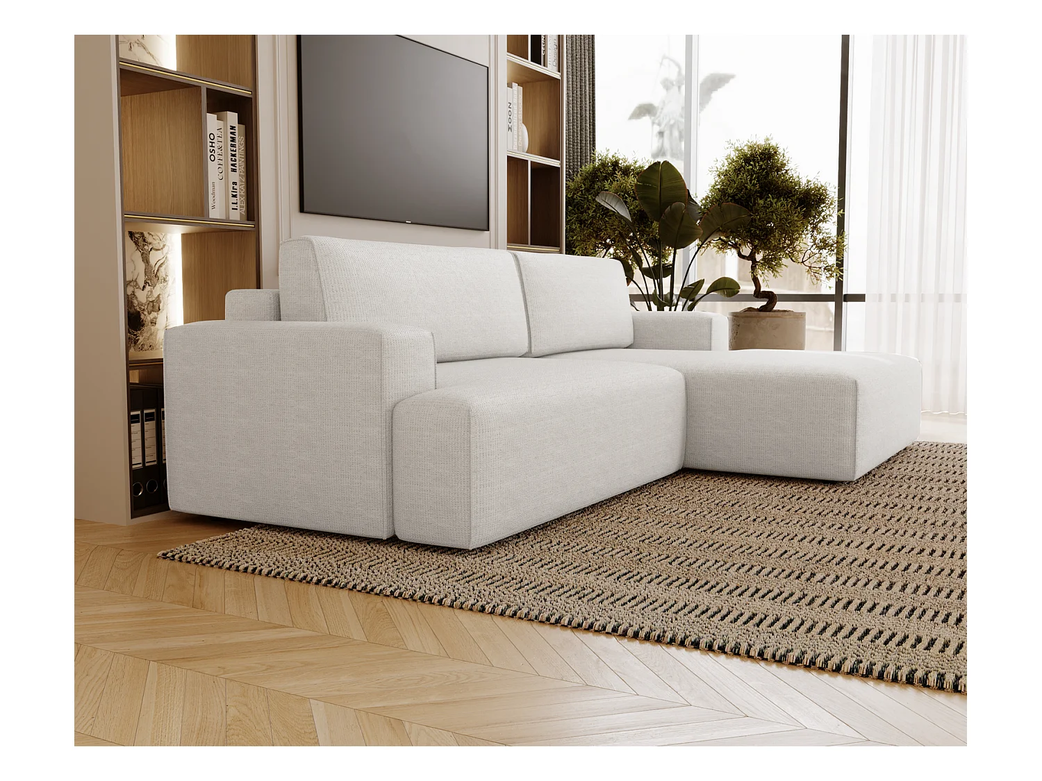 Emporius Boston narożnik rozkładany do salonu - sofa z funkcją spania, mały narożnik, pojemnik na pościel, prawostronny - narożnik kremowy (Memphis 1)