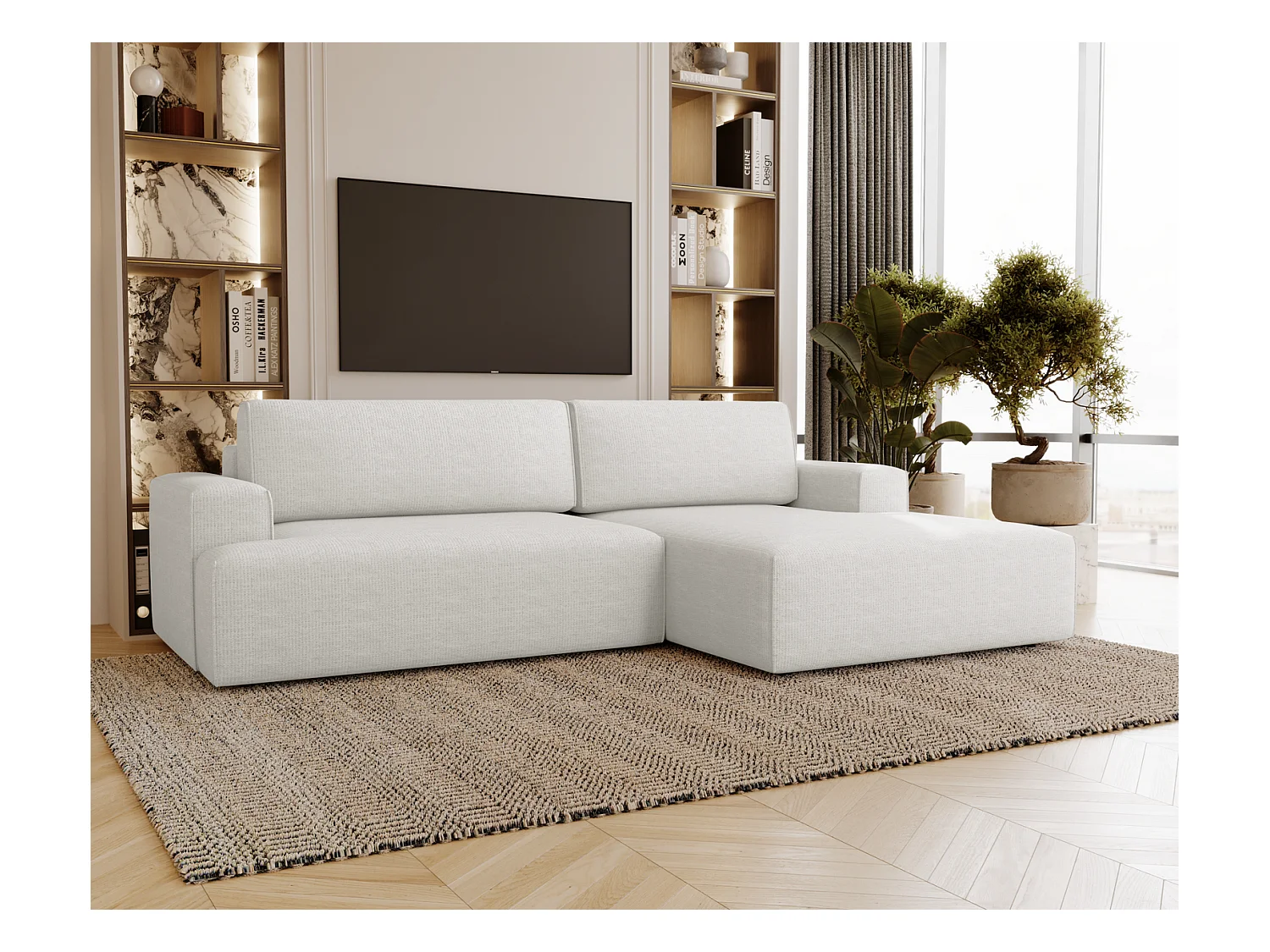 Emporius Boston Canapé d'Angle Convertible 270 cm - Canapé-lit, Sofa avec Rangement, 4 Places - Canapé d'Angle Forme L, Droite, Cremé (Memphis 1)
