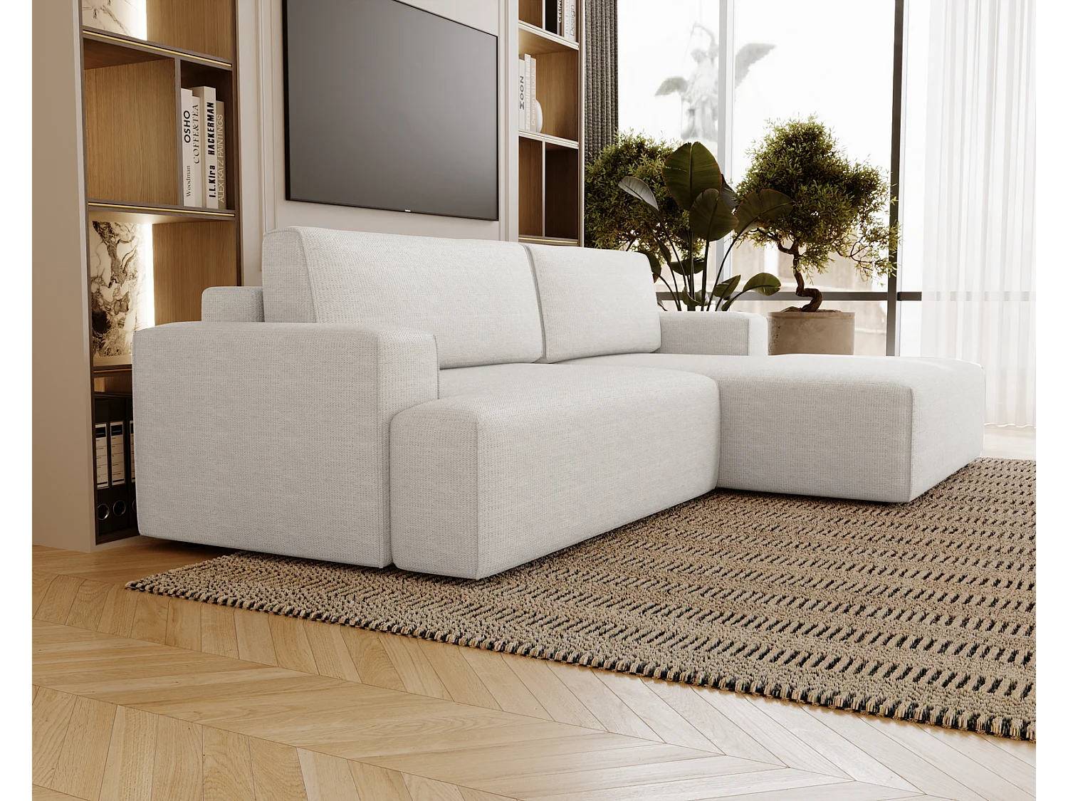 Emporius Boston Hoekbank L-Vorm - bank met slaapfunctie et bedlade - slaapbank 270 cm, rechts, cremé (Memphis 1)