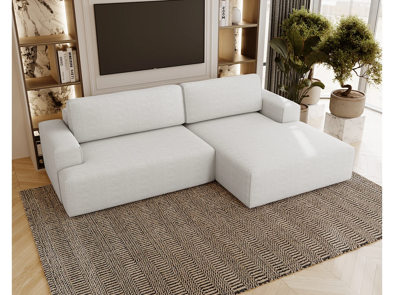 Canapé d'angle convertible Boston, canapé-lit 270 cm avec coffre de rangement, 4 places, droit, crème