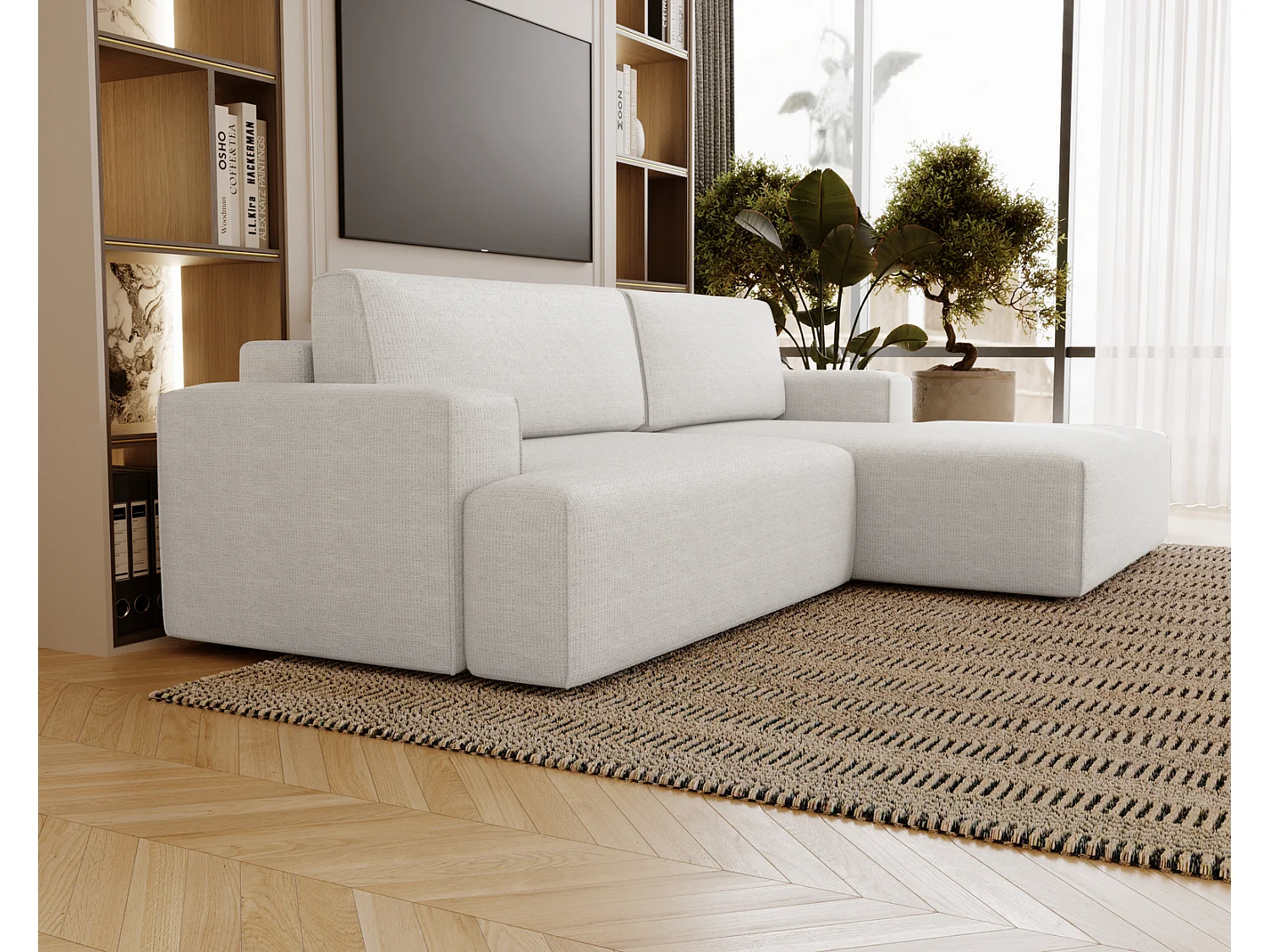 Canapé d'angle convertible Boston, canapé-lit 270 cm avec coffre de rangement, 4 places, droit, crème