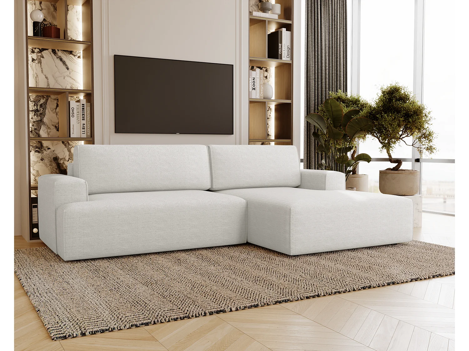 Canapé d'angle convertible Boston, canapé-lit 270 cm avec coffre de rangement, 4 places, droit, crème