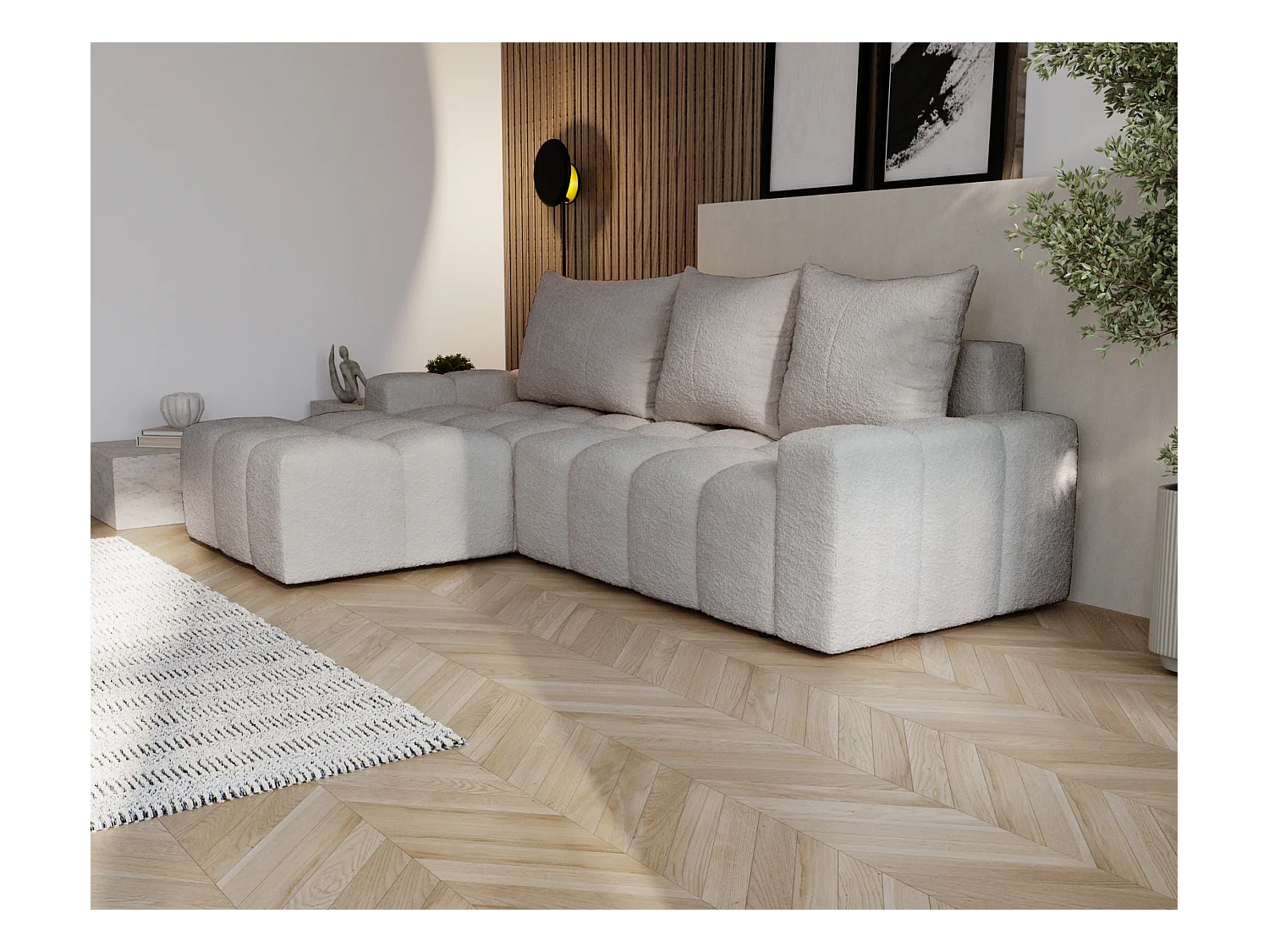 Emporius Wilson Canapé d'angle - Tissu Bouclé, Canapé 255 cm Convertible, Gauche - Gris clair (Anthology 15)