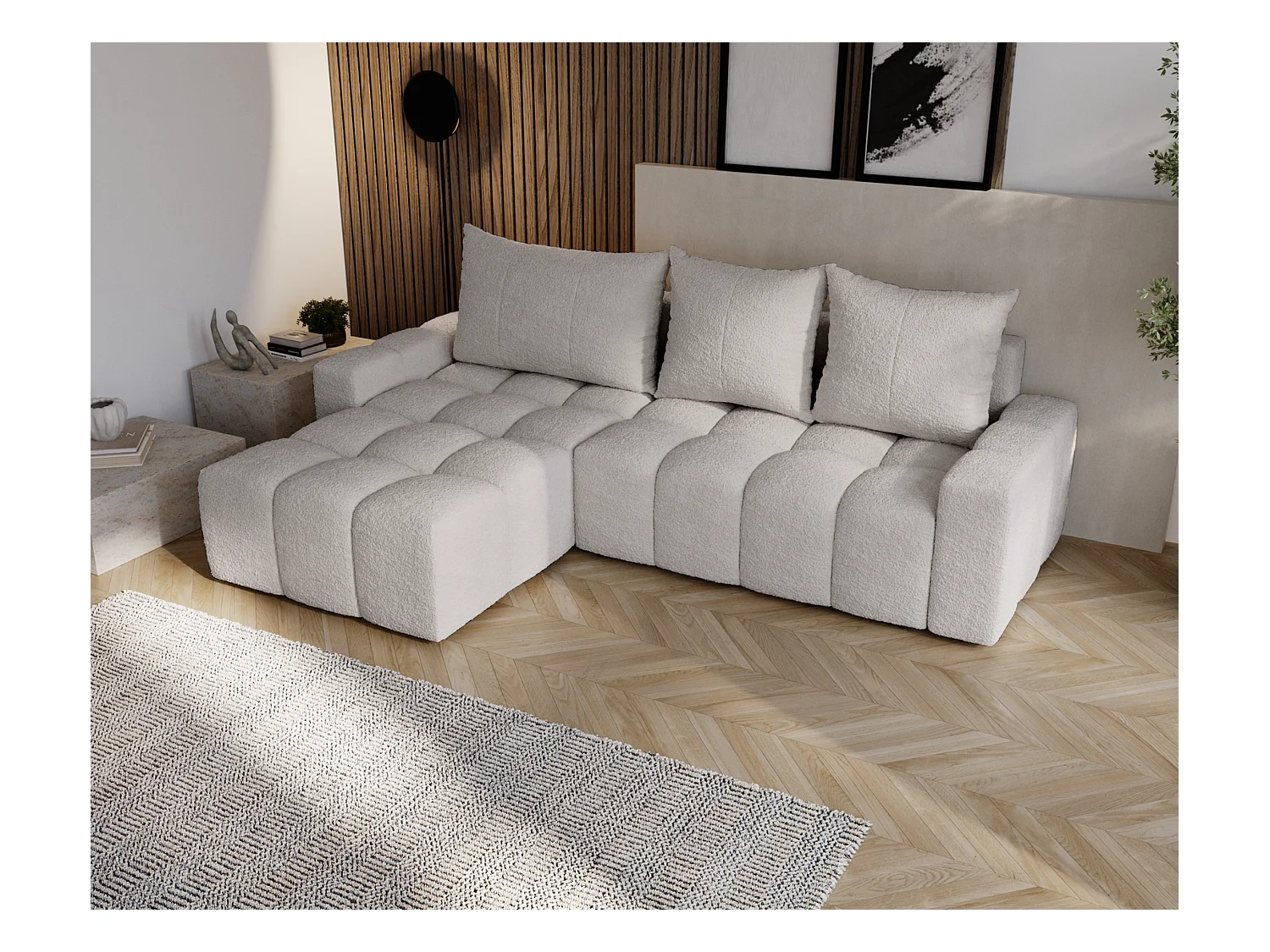 Emporius Wilson Canapé d'angle - Tissu Bouclé, Canapé 255 cm Convertible, Gauche - Gris clair (Anthology 15)