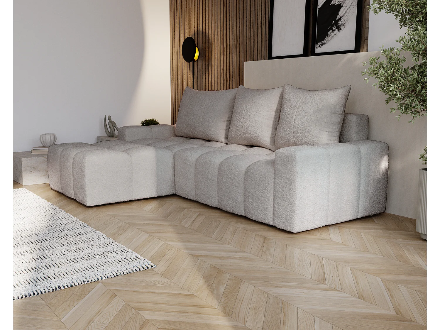 Emporius Wilson Canapé d'angle - Tissu Bouclé, Canapé 255 cm Convertible, Gauche - Gris clair (Anthology 15)