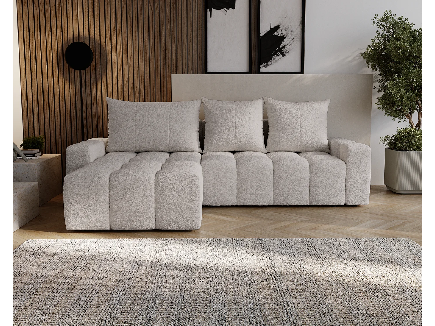 Emporius Wilson Hoekbank met slaapfunctie - slaapbank met bedlade, links, bouclé lichtgrijs (Anthology 15)