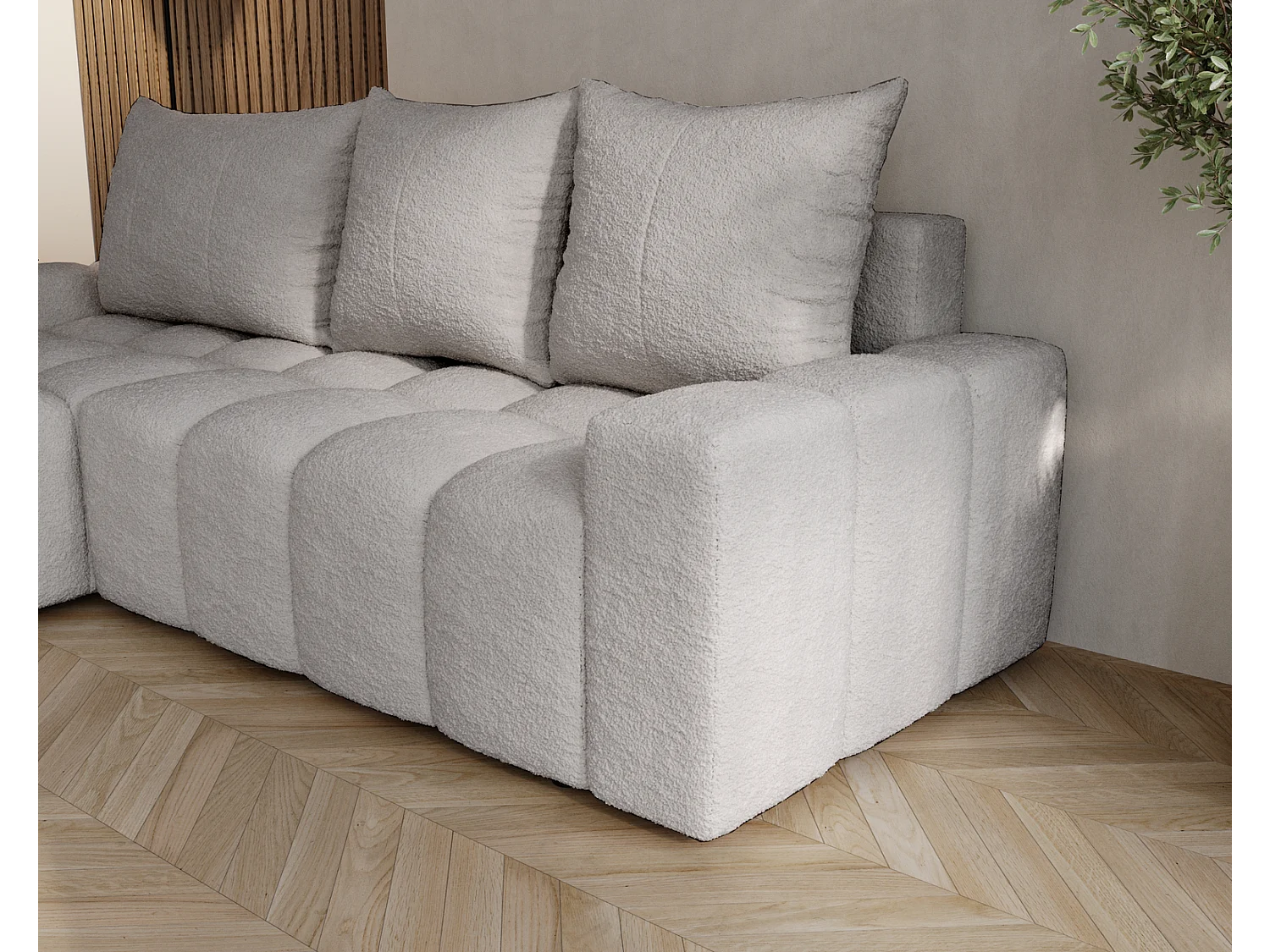 Emporius Wilson Hoekbank met slaapfunctie - slaapbank met bedlade, links, bouclé lichtgrijs (Anthology 15)